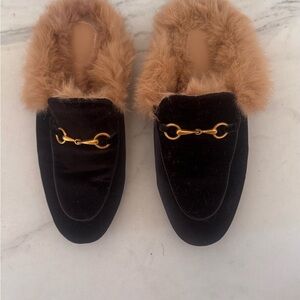 Black Velvet Loafers with Fur and Gold Detail